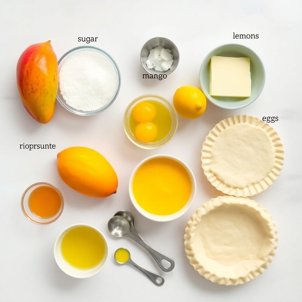 Raw ingredients for Mango Curd Tart: mangoes, lemons, sugar, eggs, butter, and pie crust