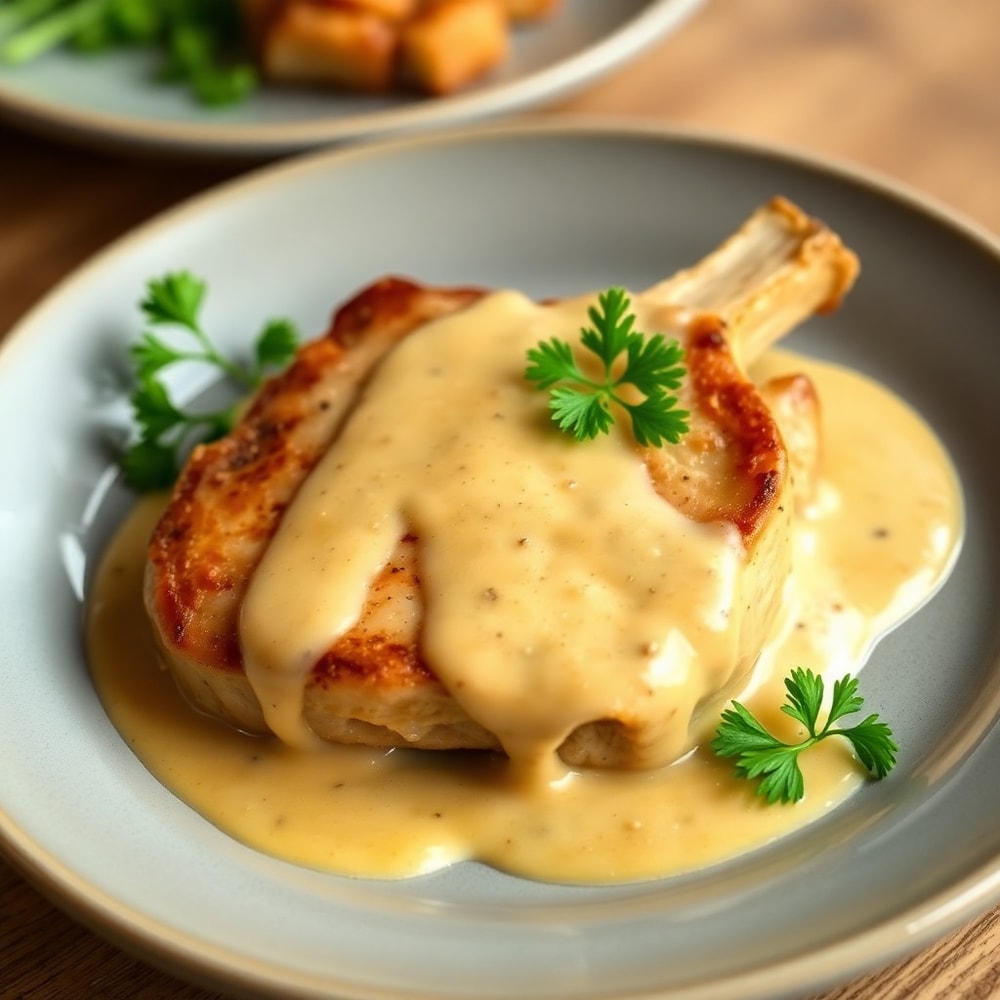 Plated Maple Bacon Pork Chops with Creamy Dijon Sauce