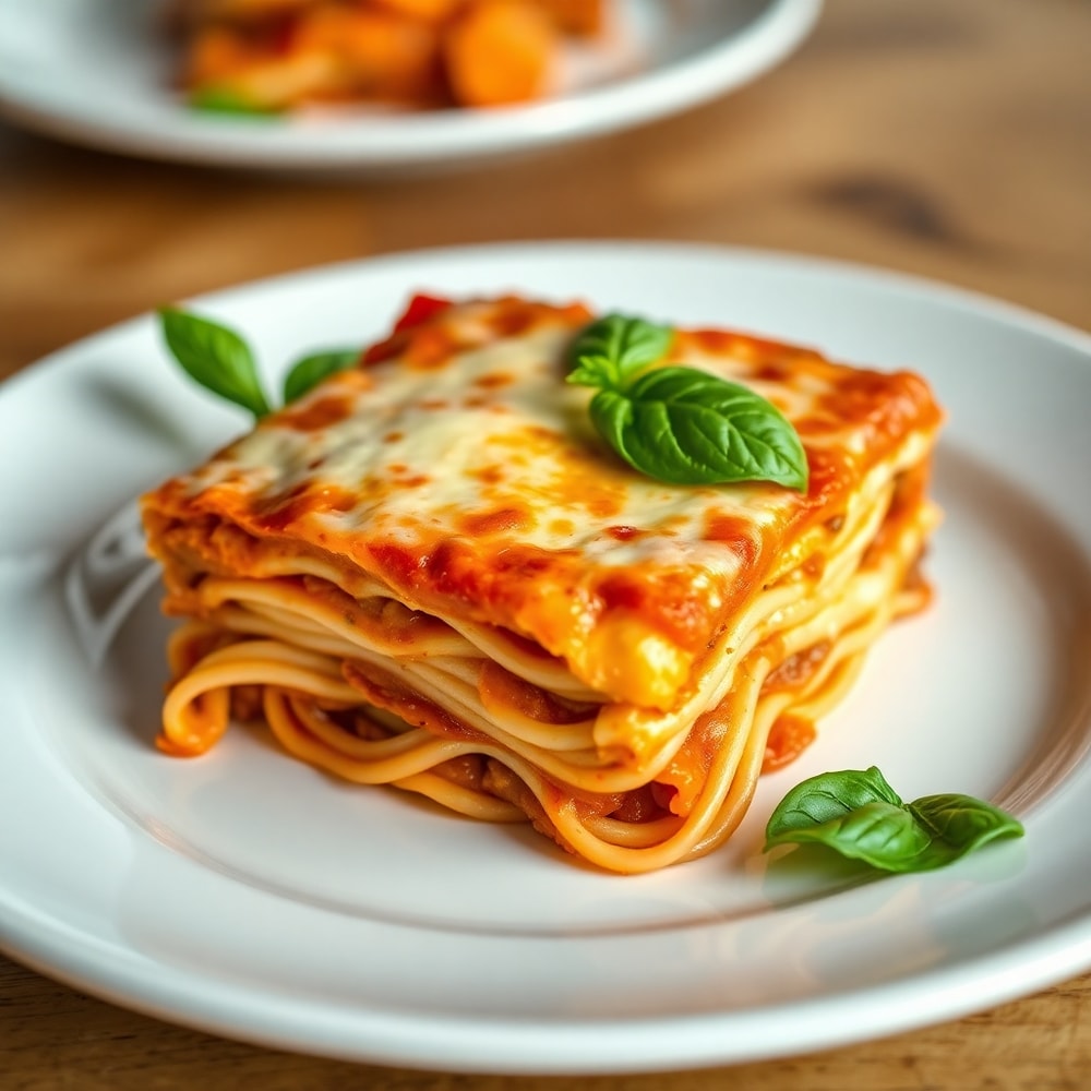 Plated Million Dollar Lasagna with fresh basil