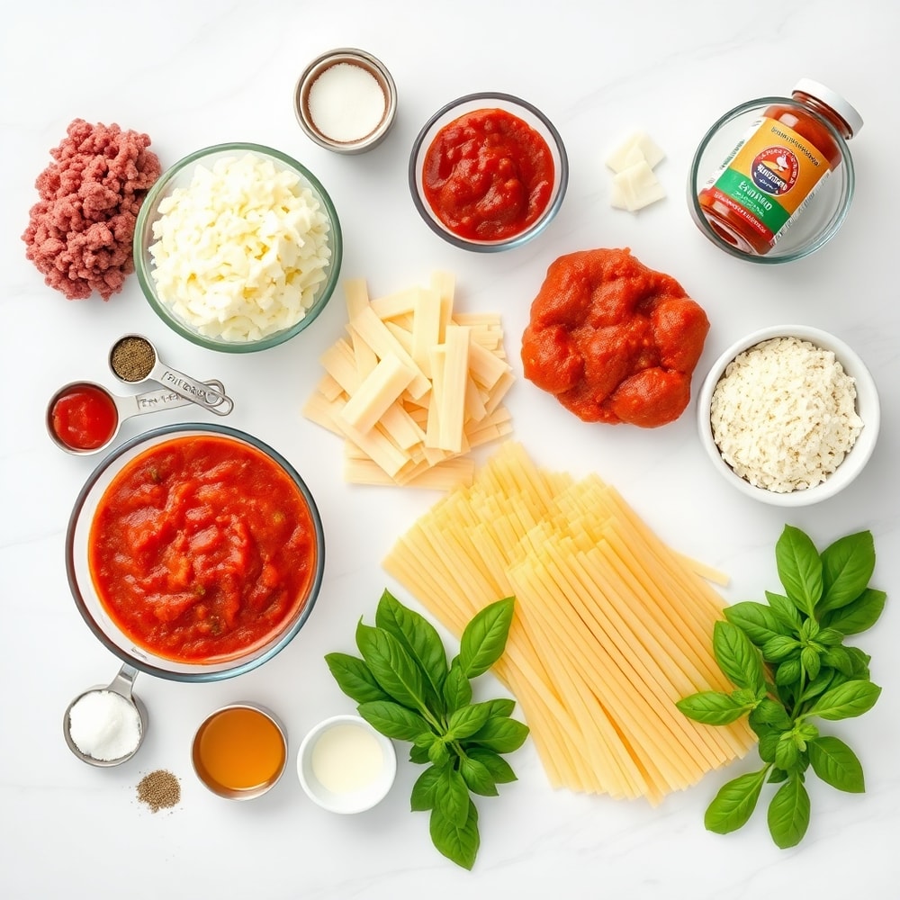 Raw ingredients for Million Dollar Lasagna on marble surface