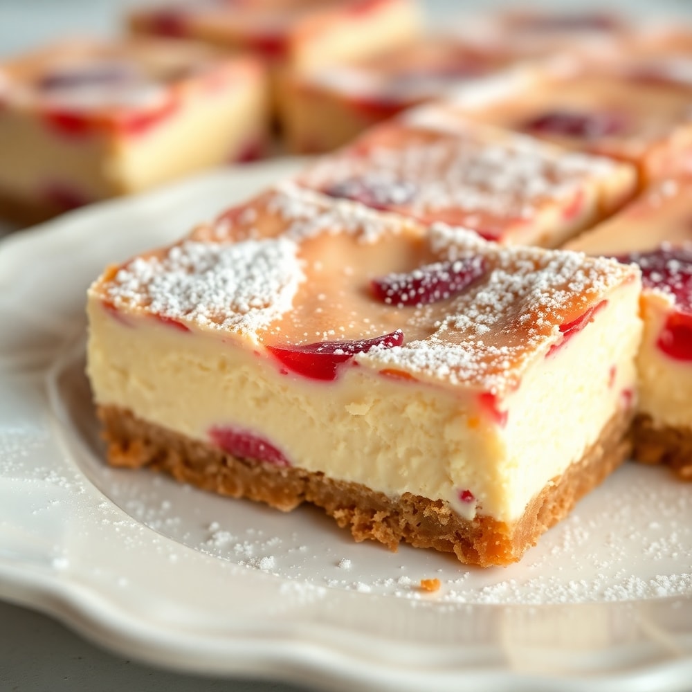 No Bake Rhubarb Cheesecake Squares plated with a dusting of powdered sugar