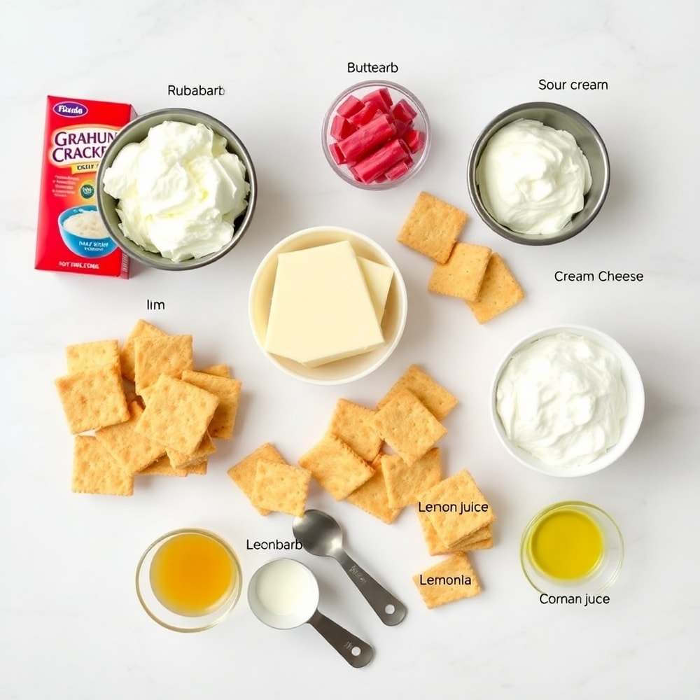 Graham crackers, cream cheese, rhubarb, sugar, and other ingredients for No Bake Rhubarb Cheesecake Squares