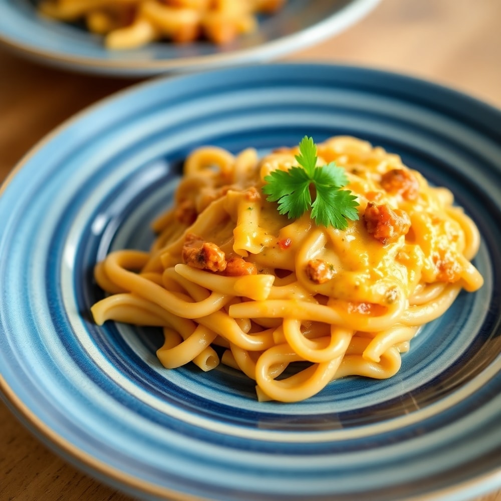Plated serving of One Pot Cheesy Taco Pasta on a blue and white striped plate, garnished with fresh cilantro
