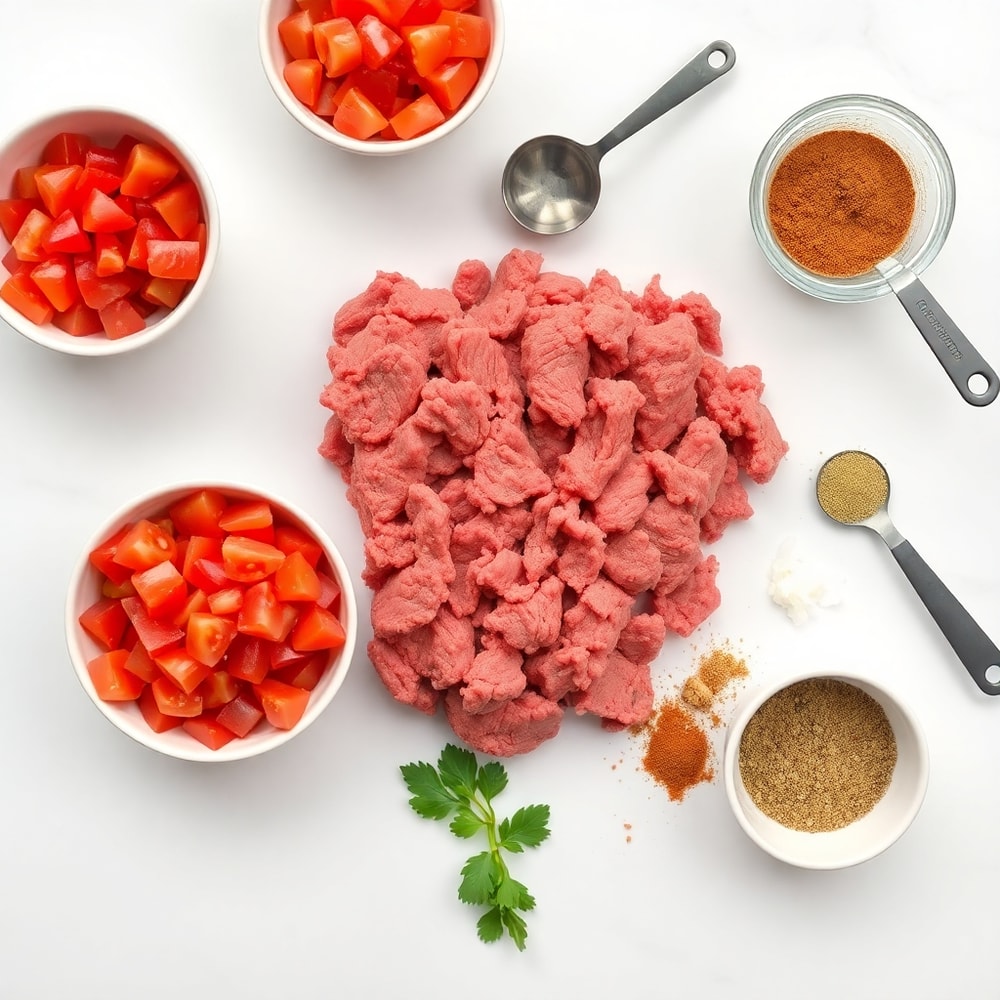 Overhead flat lay of ground beef, diced tomatoes, onion, garlic, and taco seasoning on a white marble surface