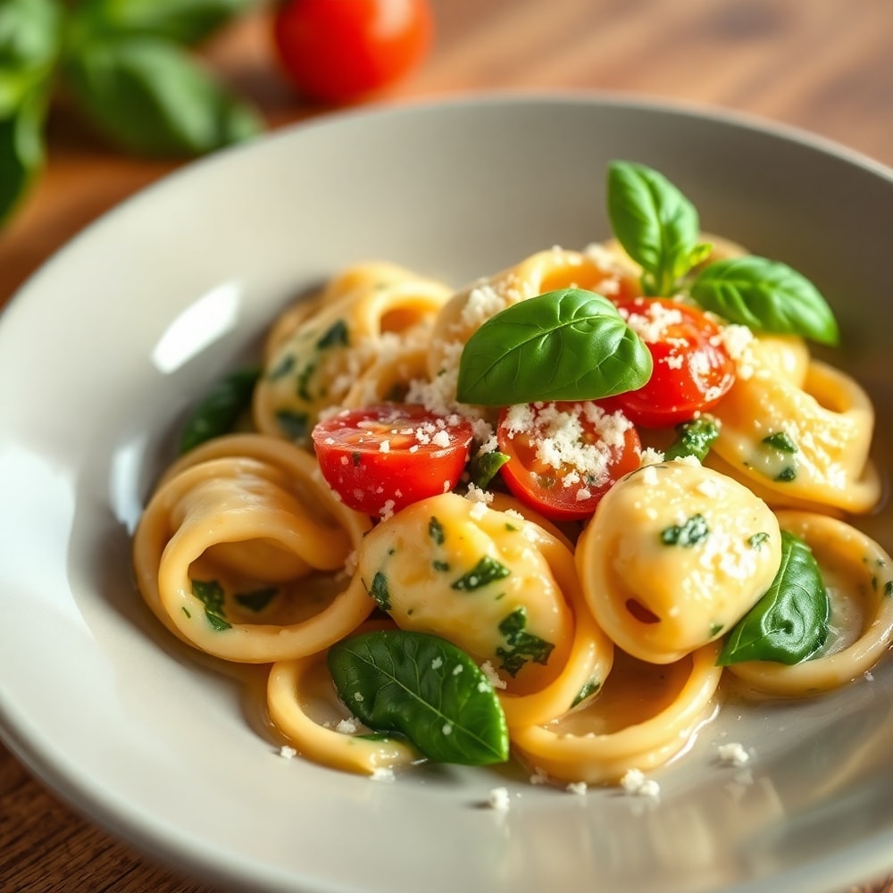 Finished Creamy Spinach Tomato Tortellini on a plate