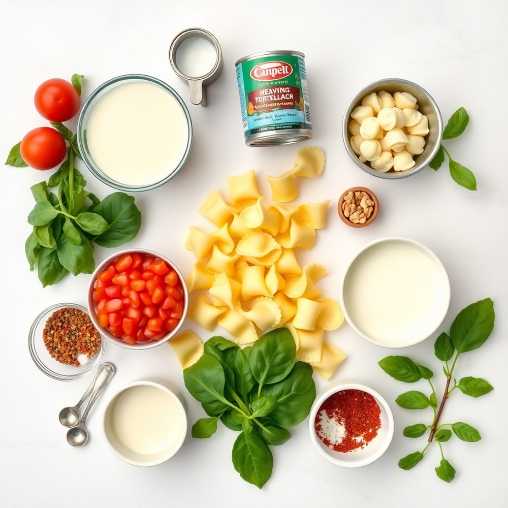 Raw ingredients for Creamy Spinach Tomato Tortellini