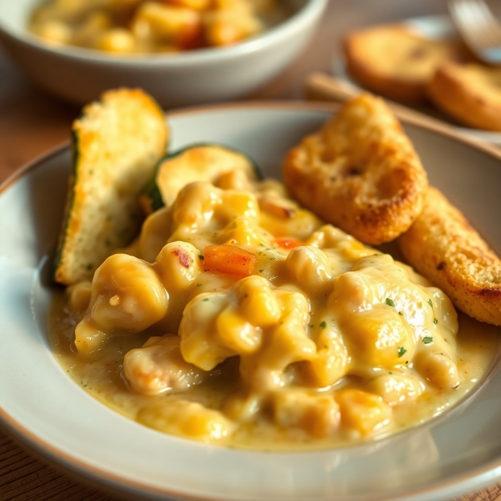 One pot gnocchi chicken pot pie plated with a side of cheesy zucchini breadsticks