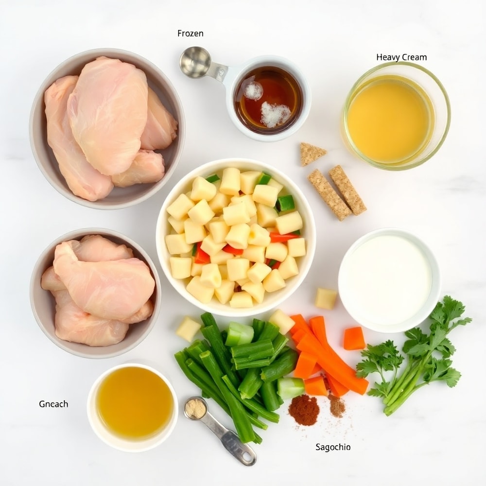 Raw ingredients for one pot gnocchi chicken pot pie including chicken, gnocchi, mixed vegetables, and seasonings