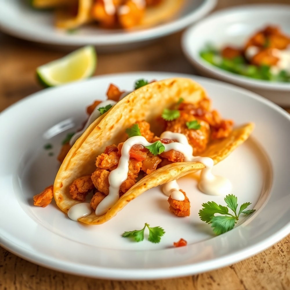 Plated serving of crispy oven-baked chicken bacon ranch tacos with a creamy ranch drizzle