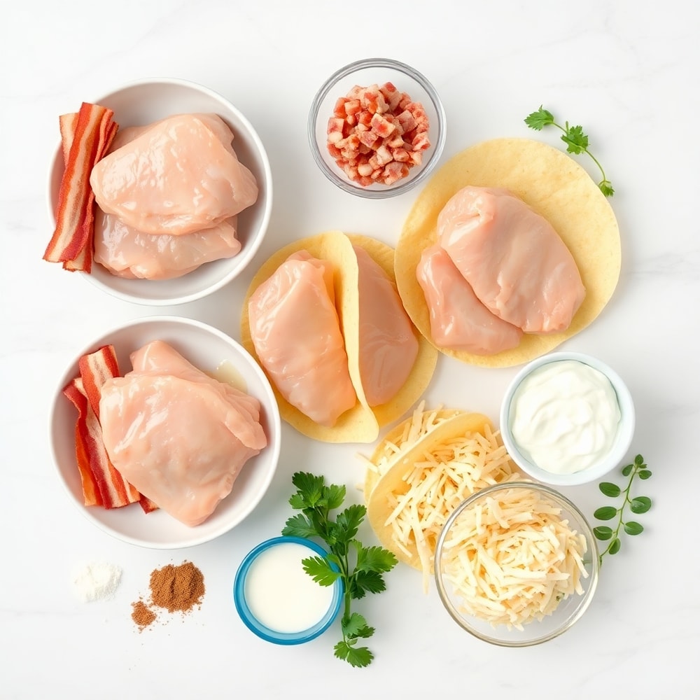 Raw ingredients for oven-baked chicken bacon ranch tacos including chicken, bacon, taco shells, and ranch dressing
