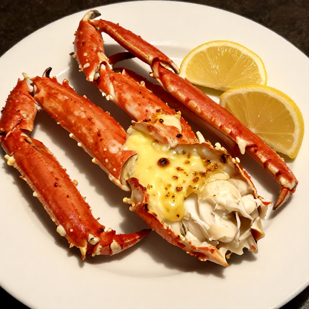 Plated snow crab legs with melted garlic butter and lemon wedges