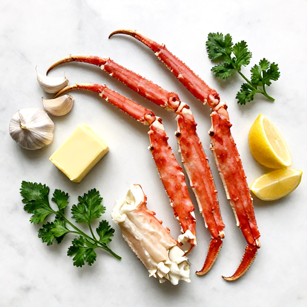 Raw snow crab legs, garlic, butter, lemon, and parsley arranged on a wooden cutting board