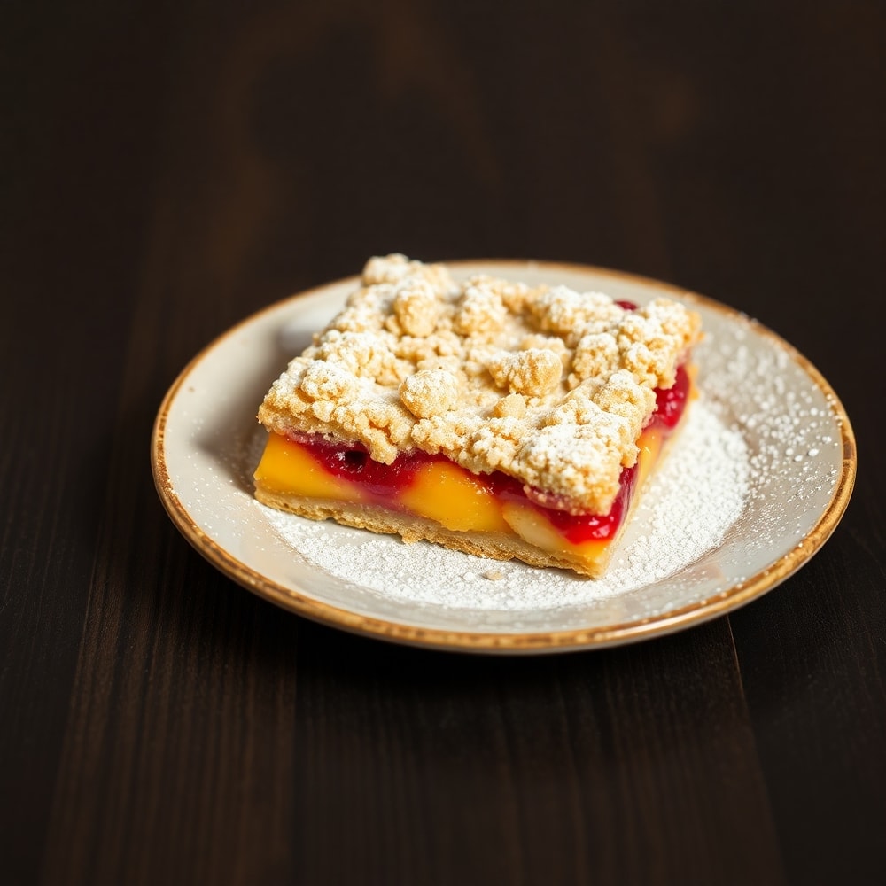 Close-up of Peach Raspberry Crumb Bars on a dessert plate