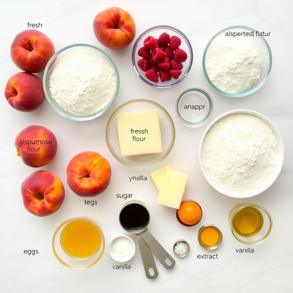 Raw ingredients for Peach Raspberry Crumb Bars on a marble surface