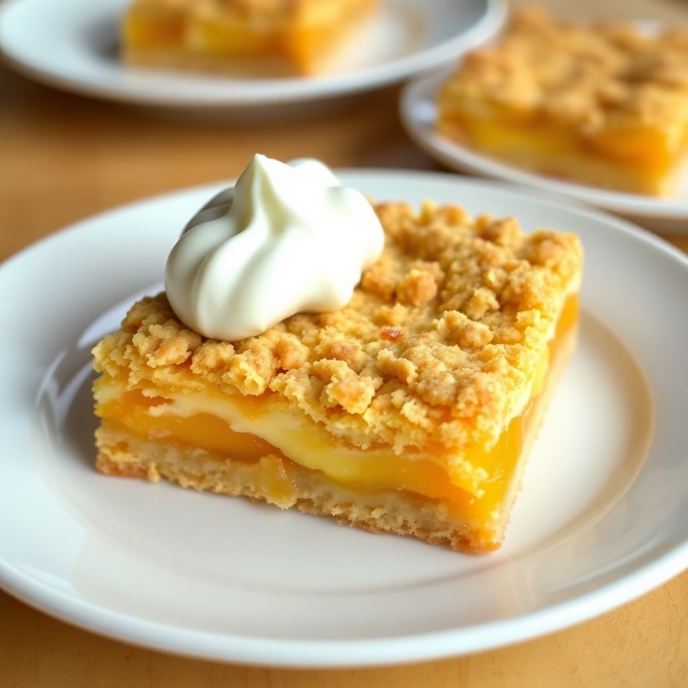 A perfect serving of Peaches and Cream Crumble Bars on a white plate