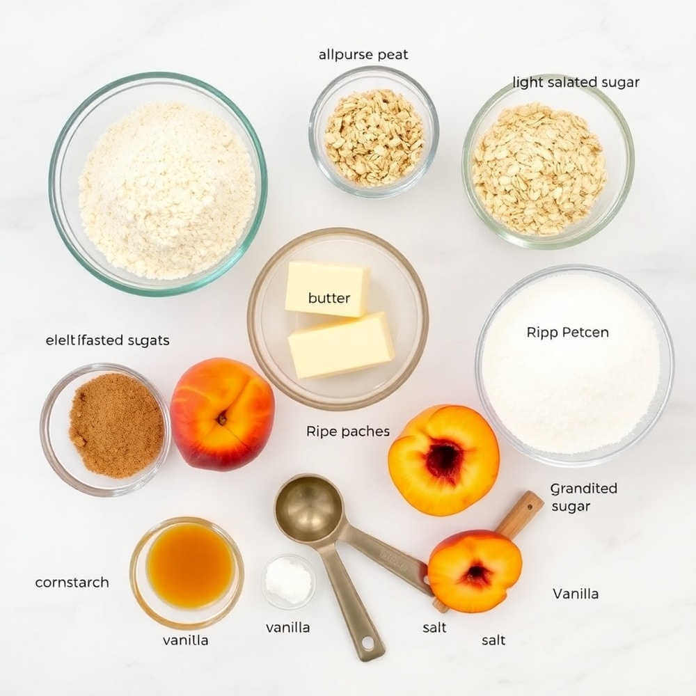 Raw ingredients for Peaches and Cream Crumble Bars on a marble surface