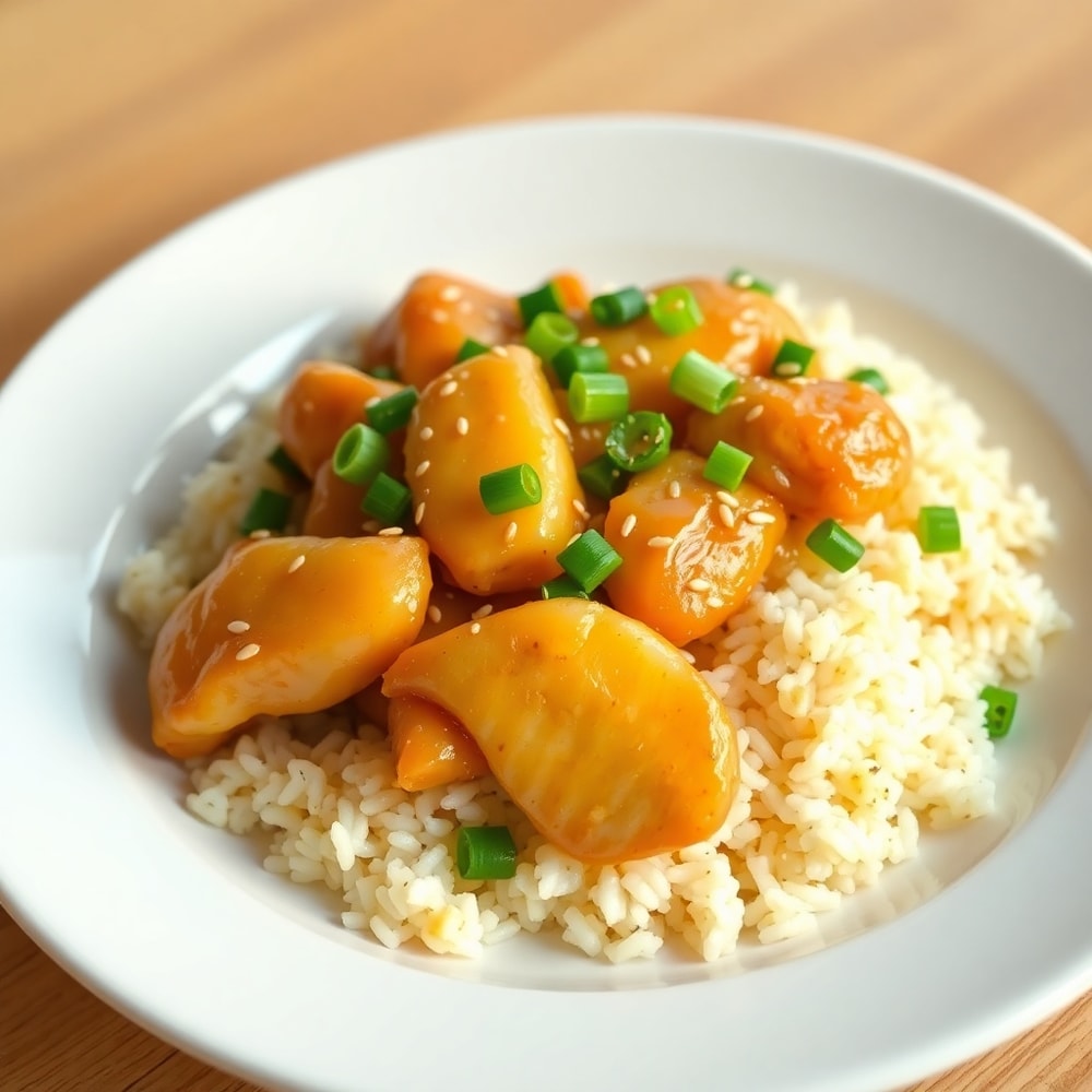 Pineapple Chicken and Rice plated with green onions and sesame seeds