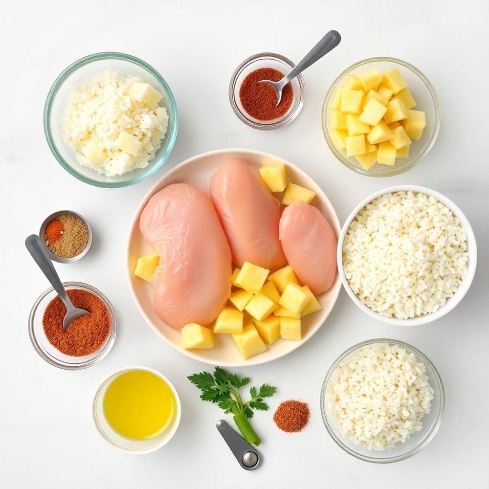 Raw ingredients for Pineapple Chicken and Rice including chicken breasts, pineapple, rice, and seasonings