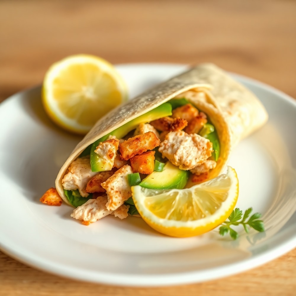 Chicken avocado wrap on a white plate with a lemon wedge