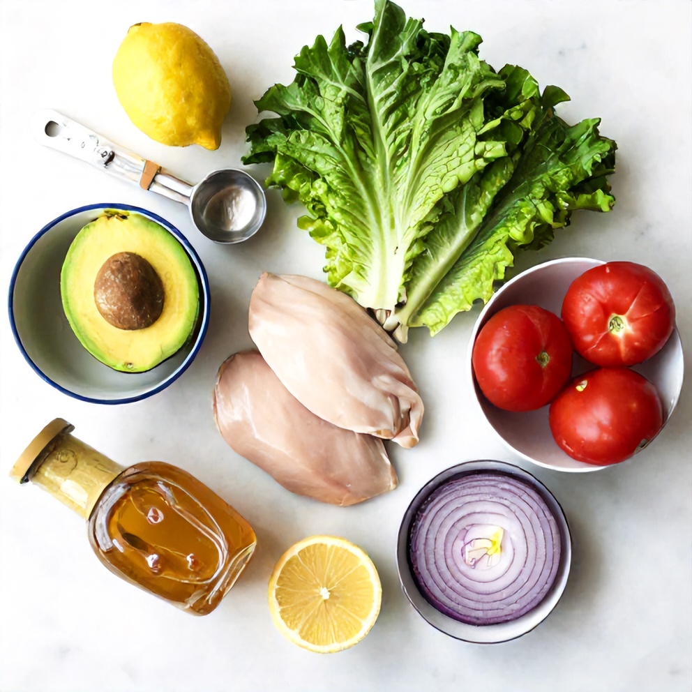 Raw ingredients for chicken avocado wrap on a marble surface