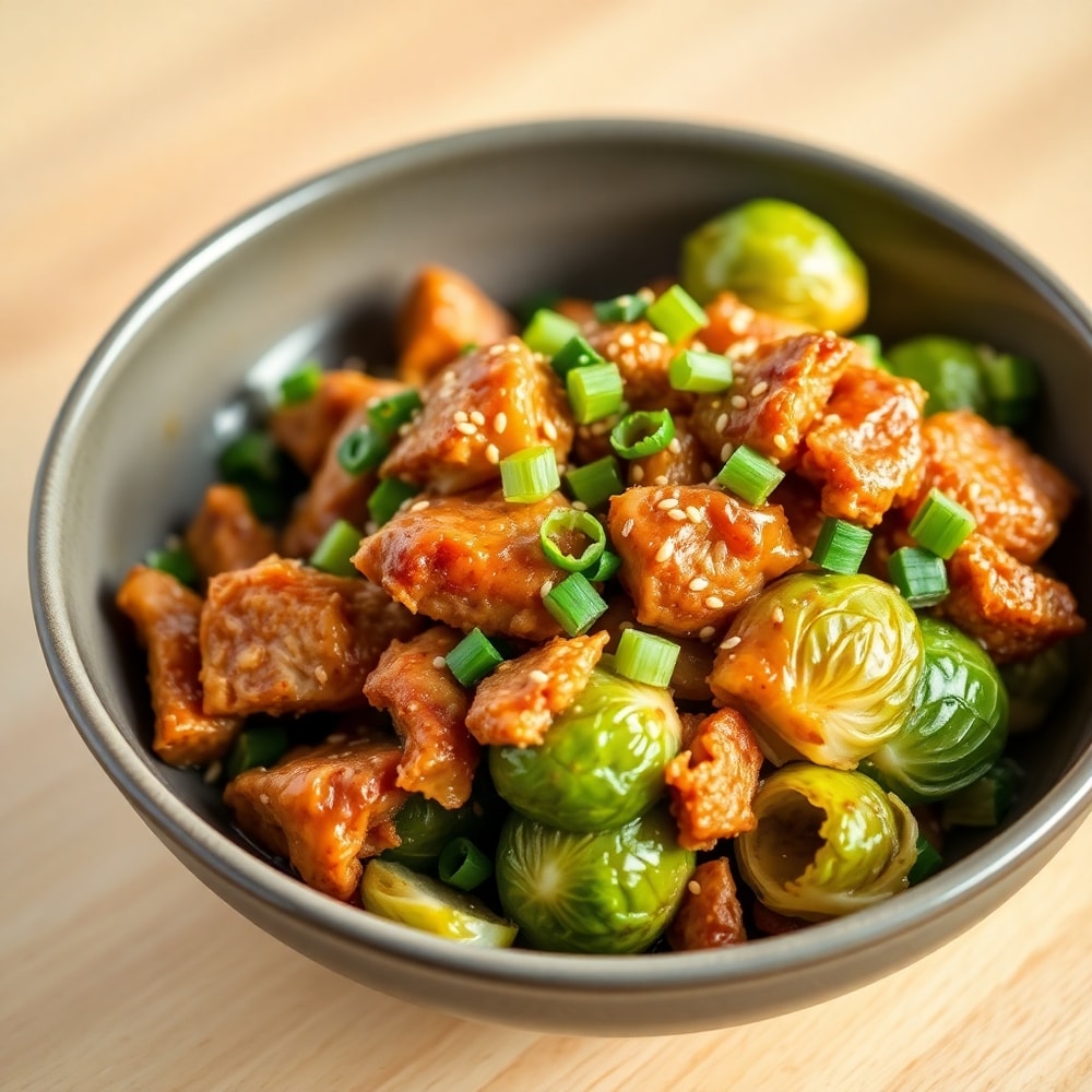 Finished Quick Spicy Pork Brussels Sprouts Bowls