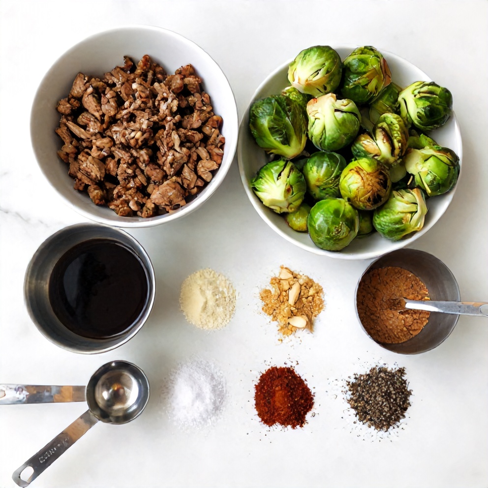 Raw ingredients for Quick Spicy Pork Brussels Sprouts Bowls