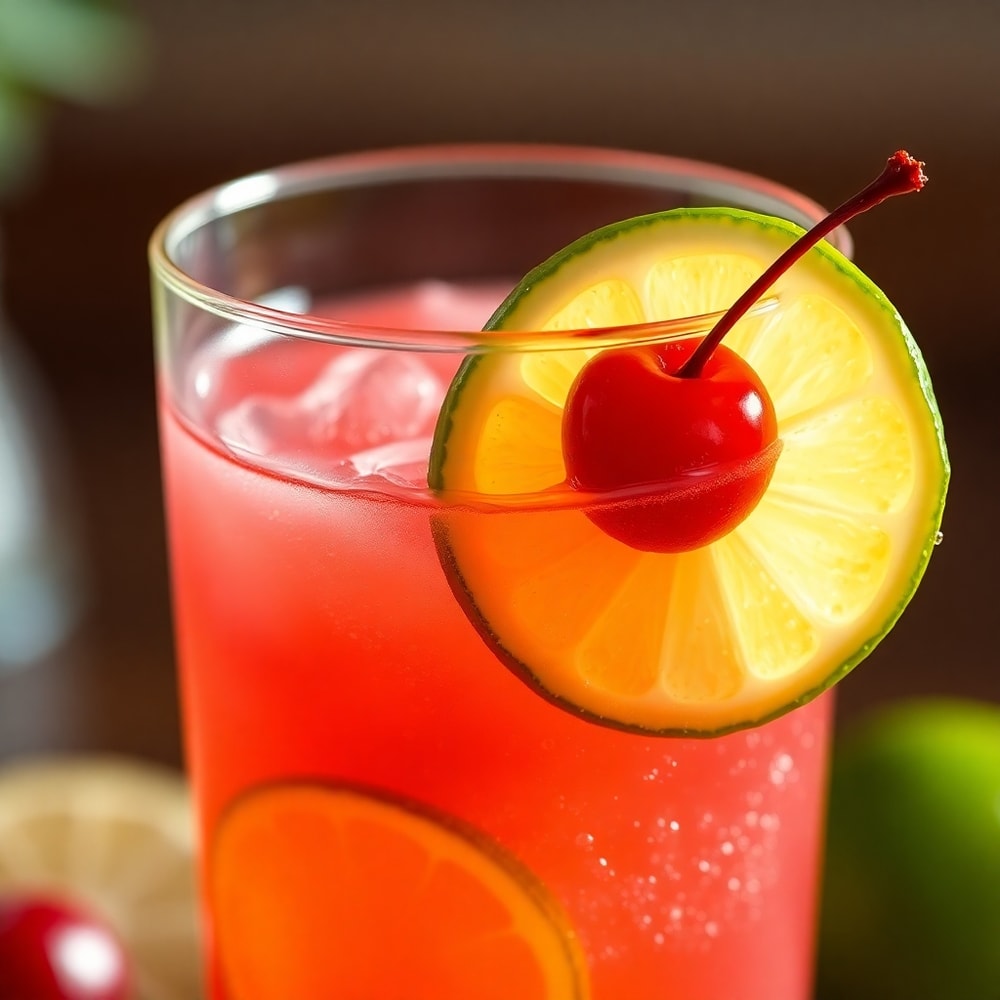Cherry Limeade in a glass with a lime wheel garnish