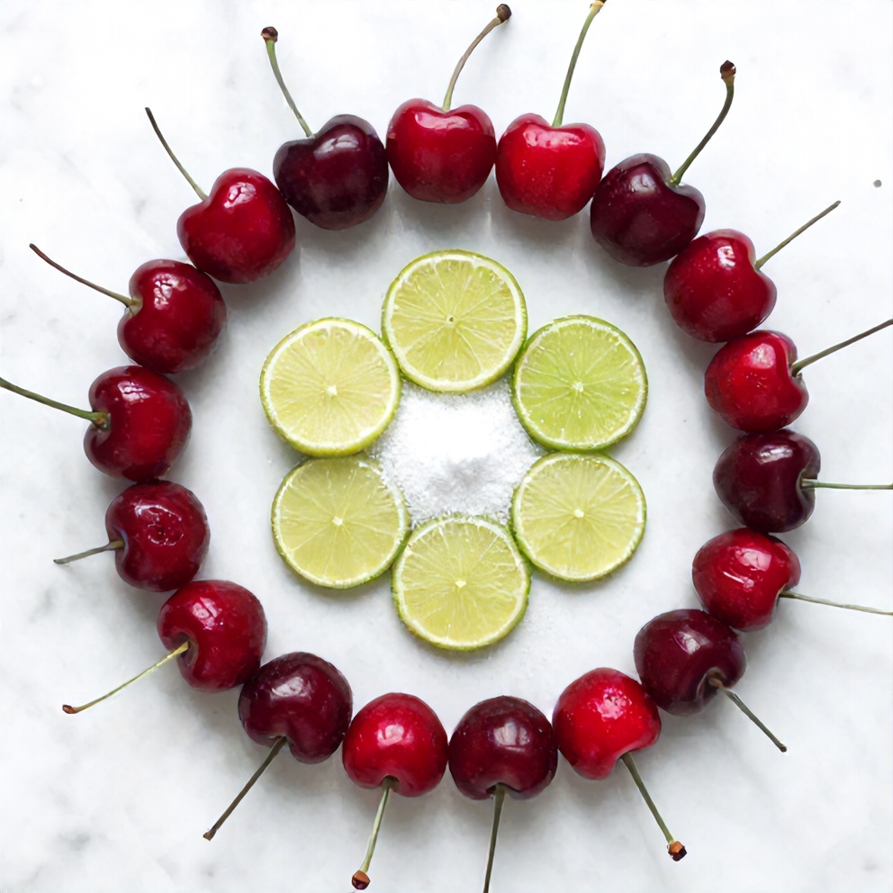 Ingredients for Cherry Limeade on a wooden surface