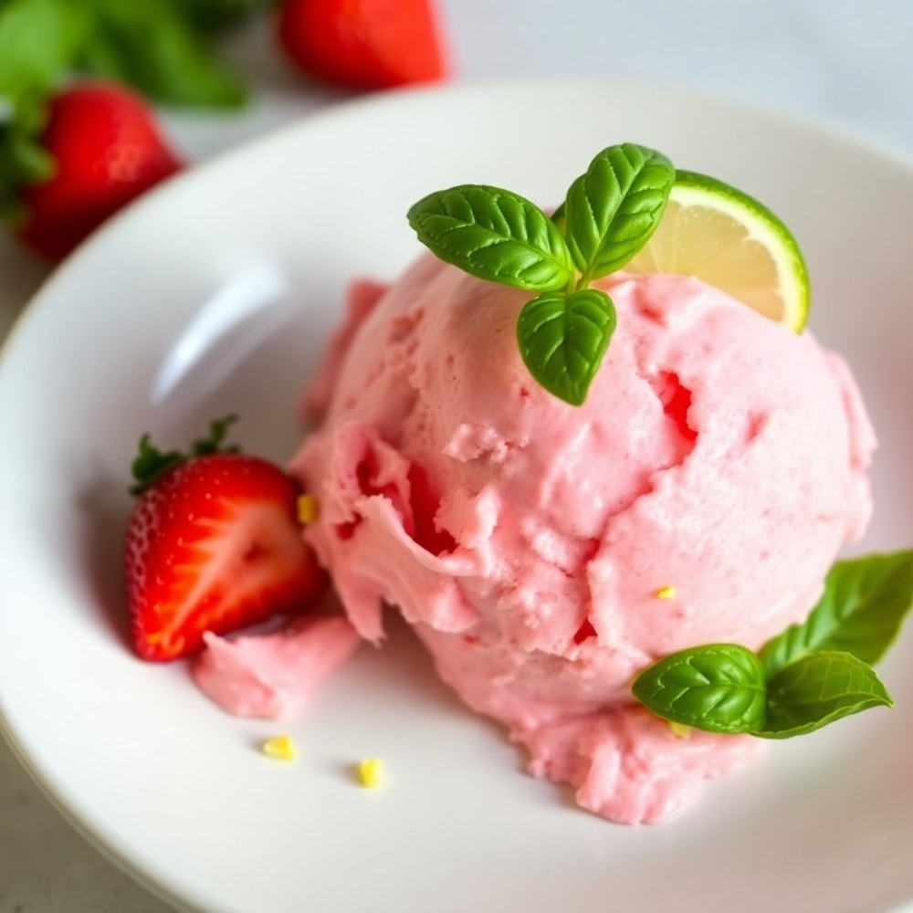 Plated Roasted Strawberry Basil Ice Cream with a Lime Twist