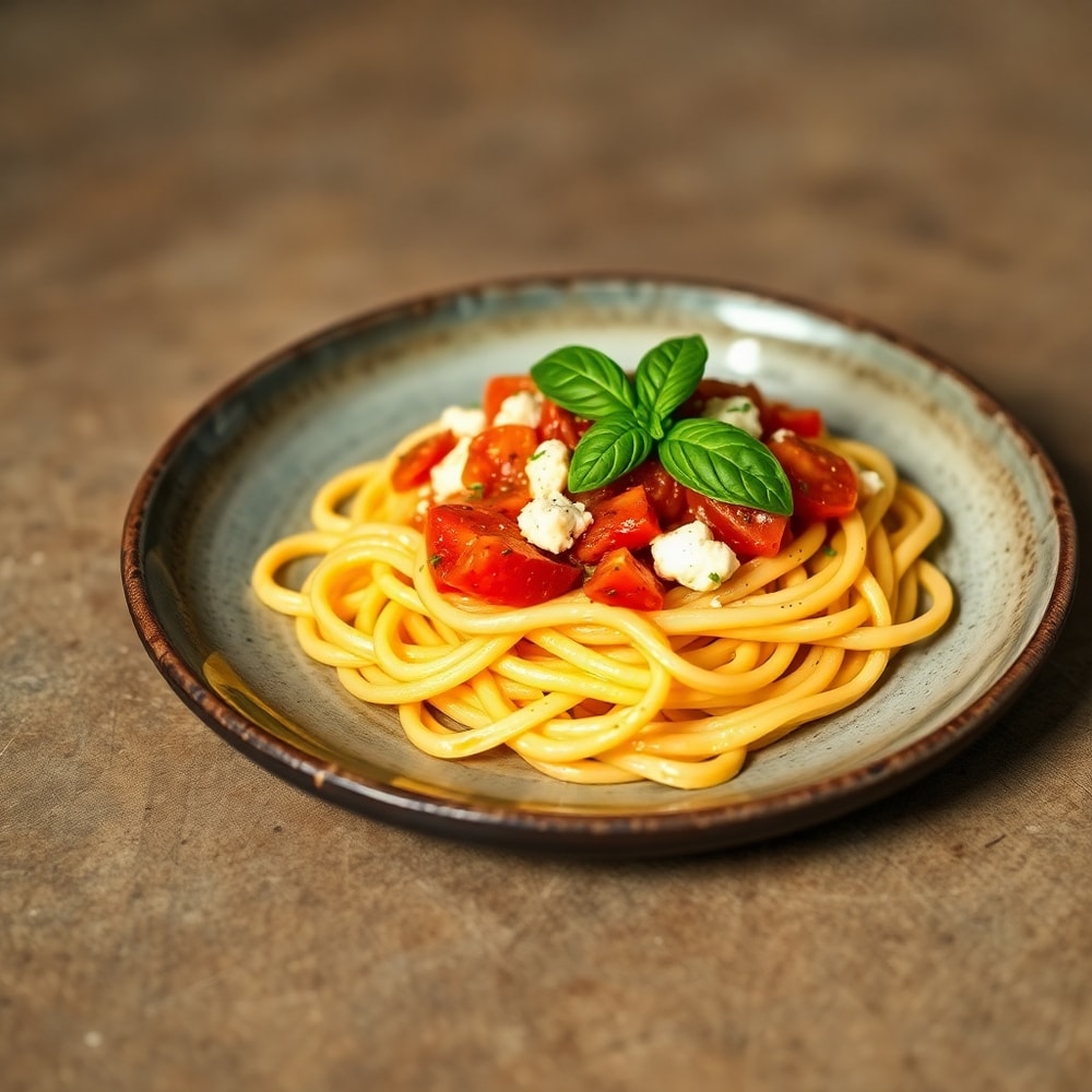 One perfect plated serving of Roasted Tomato and Garlic Ricotta Pasta on a rustic plate, garnished with fresh basil.