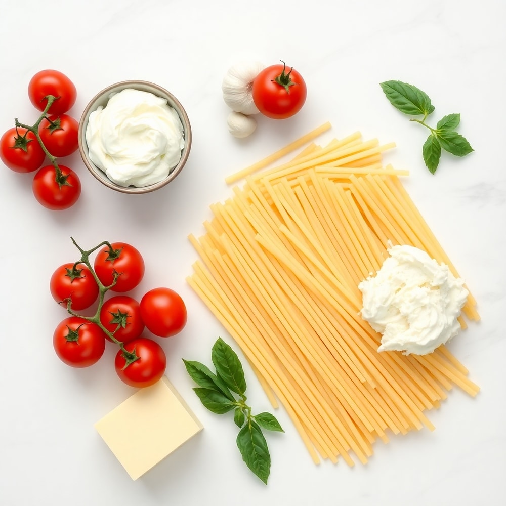 Overhead flat lay of cherry tomatoes, garlic, ricotta, heavy cream, pasta, and parmesan cheese on a white marble surface.