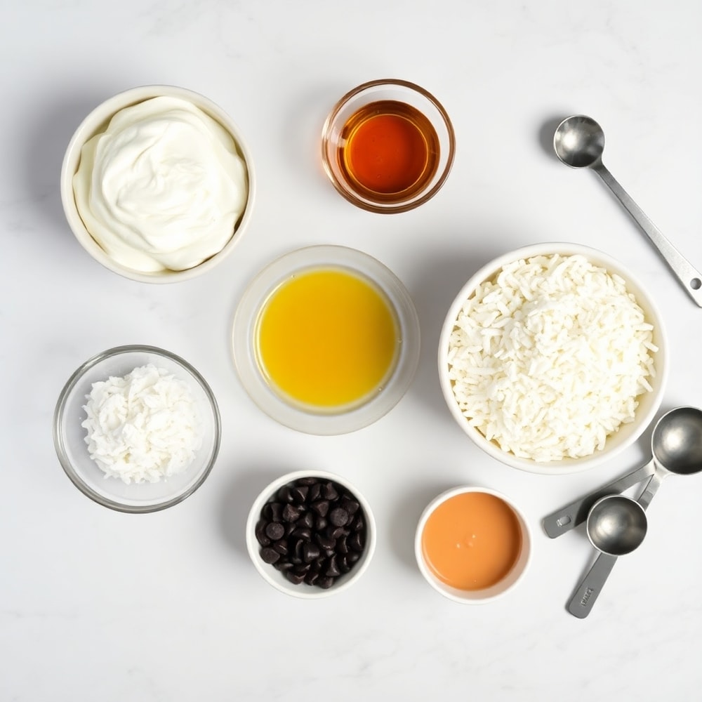 Raw ingredients for Samoa Truffles on a marble surface