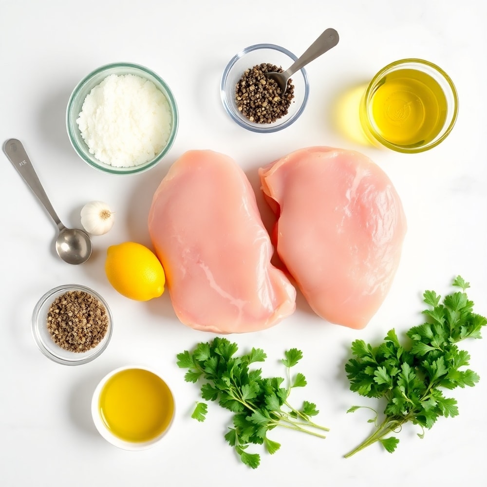 Raw ingredients for Sheet Pan Lemon Garlic Pork Chops including pork chops, lemons, garlic, olive oil, and seasonings