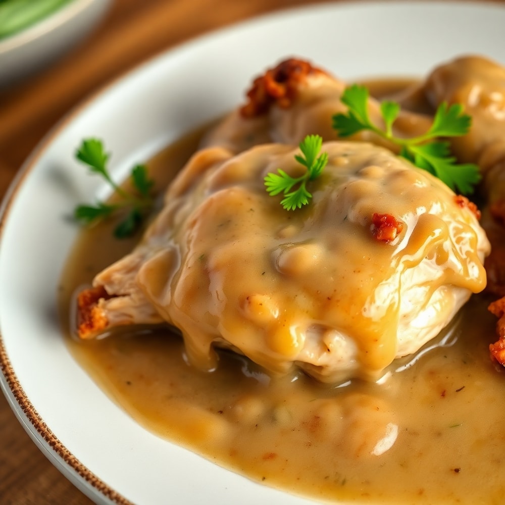 Plated Slow Cooker Chicken and Gravy with creamy gravy and crispy chicken skin