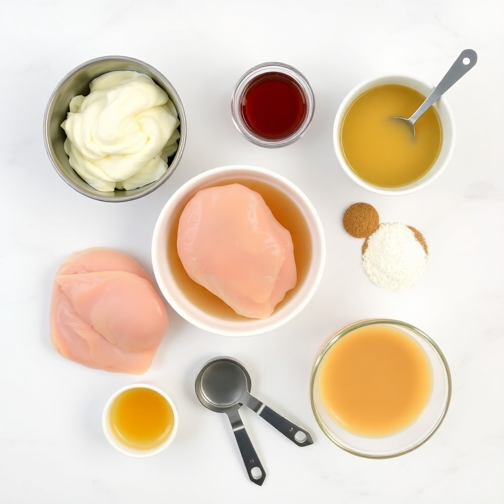 Raw ingredients for Slow Cooker Chicken and Gravy including chicken, cream of chicken soup, and seasonings