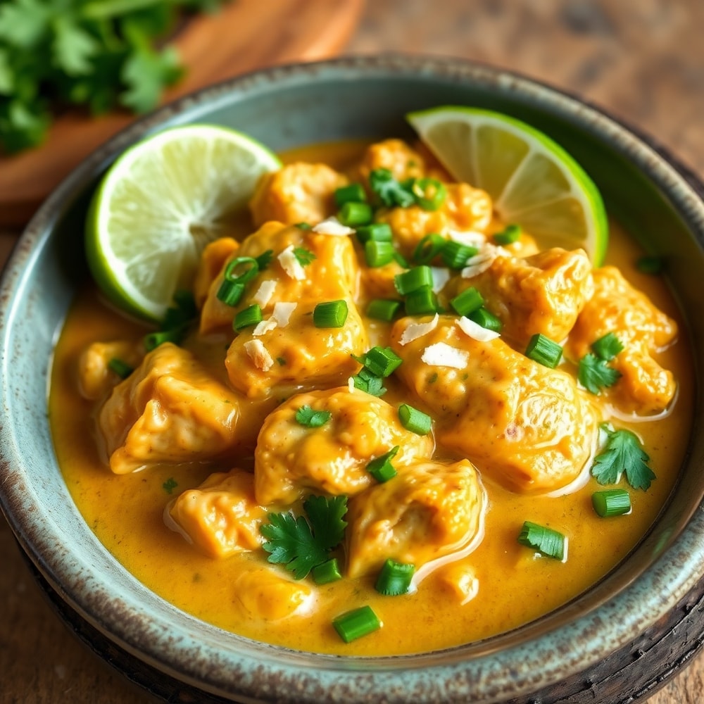 Plated serving of Creamy Slow Cooker Chicken Curry with naan bread