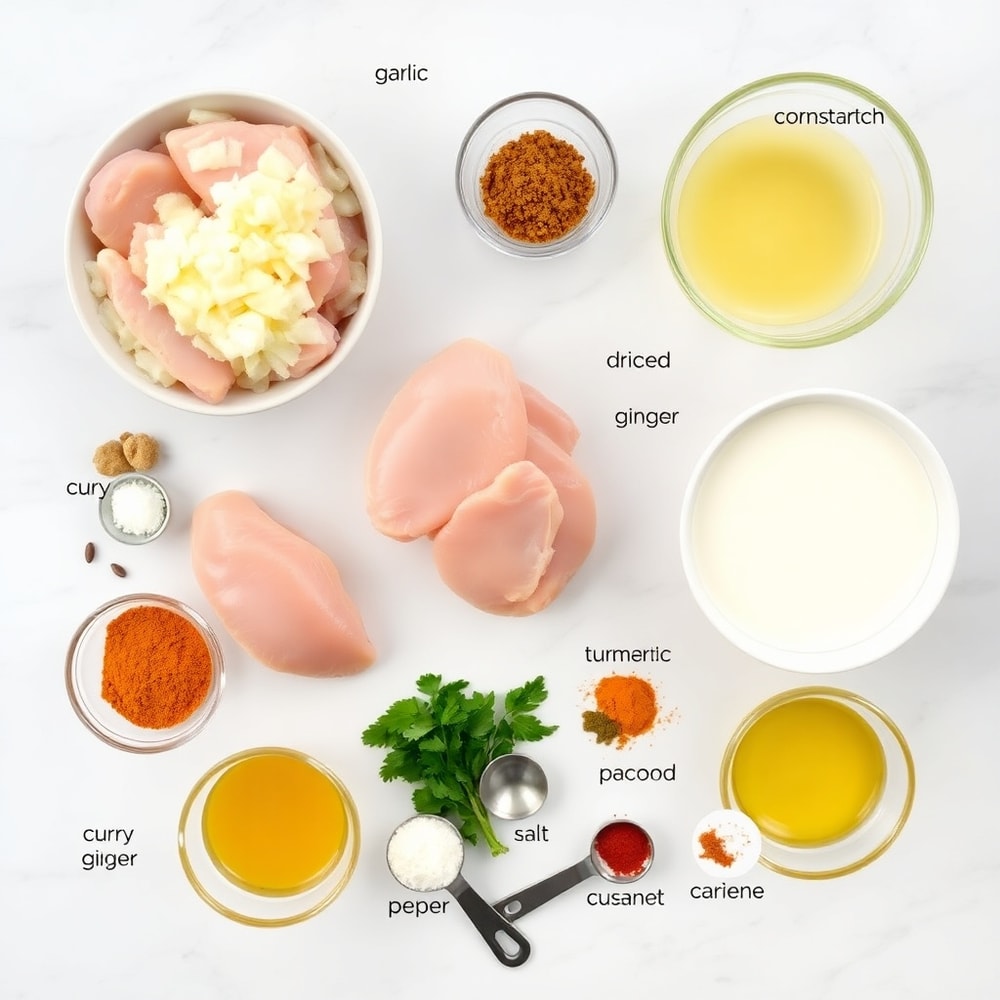 Raw ingredients for Slow Cooker Chicken Curry on a marble counter