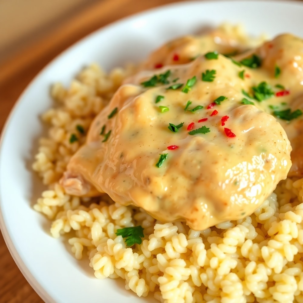 Plated Smothered Chicken and Rice