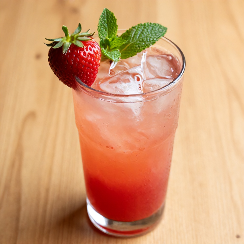 Glass of Strawberry Mint Lemonade with a strawberry and mint garnish