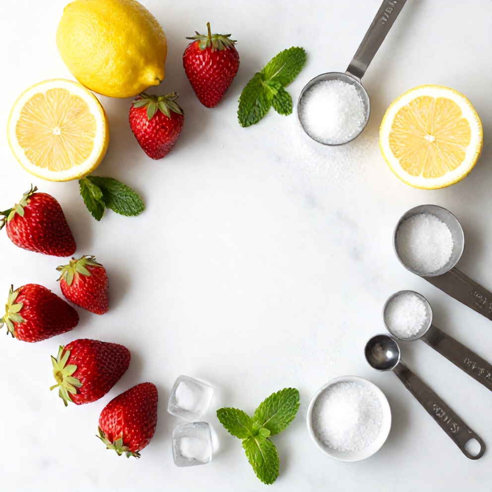 Strawberries, lemons, mint leaves, sugar, water, and ice on a wooden surface