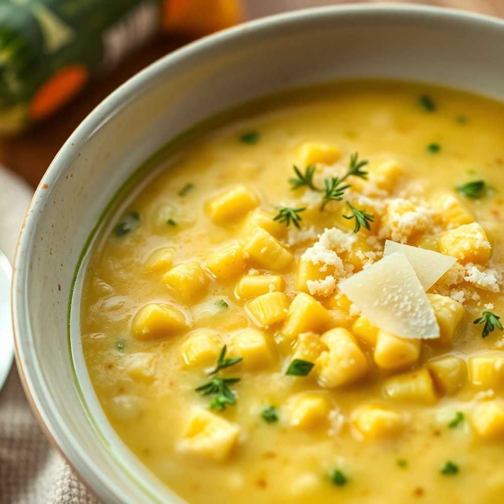 A bowl of Summer Corn and Zucchini Chowder garnished with fresh thyme and a sprinkle of grated Parmesan