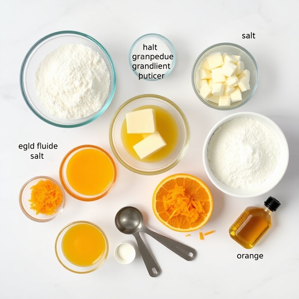 Raw ingredients for orange scone cookies on a white marble surface