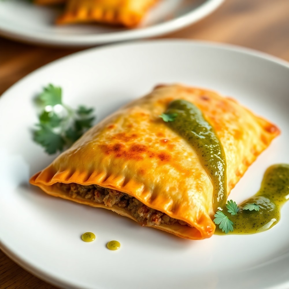 Plated vegan lentil empanadas with chimichurri