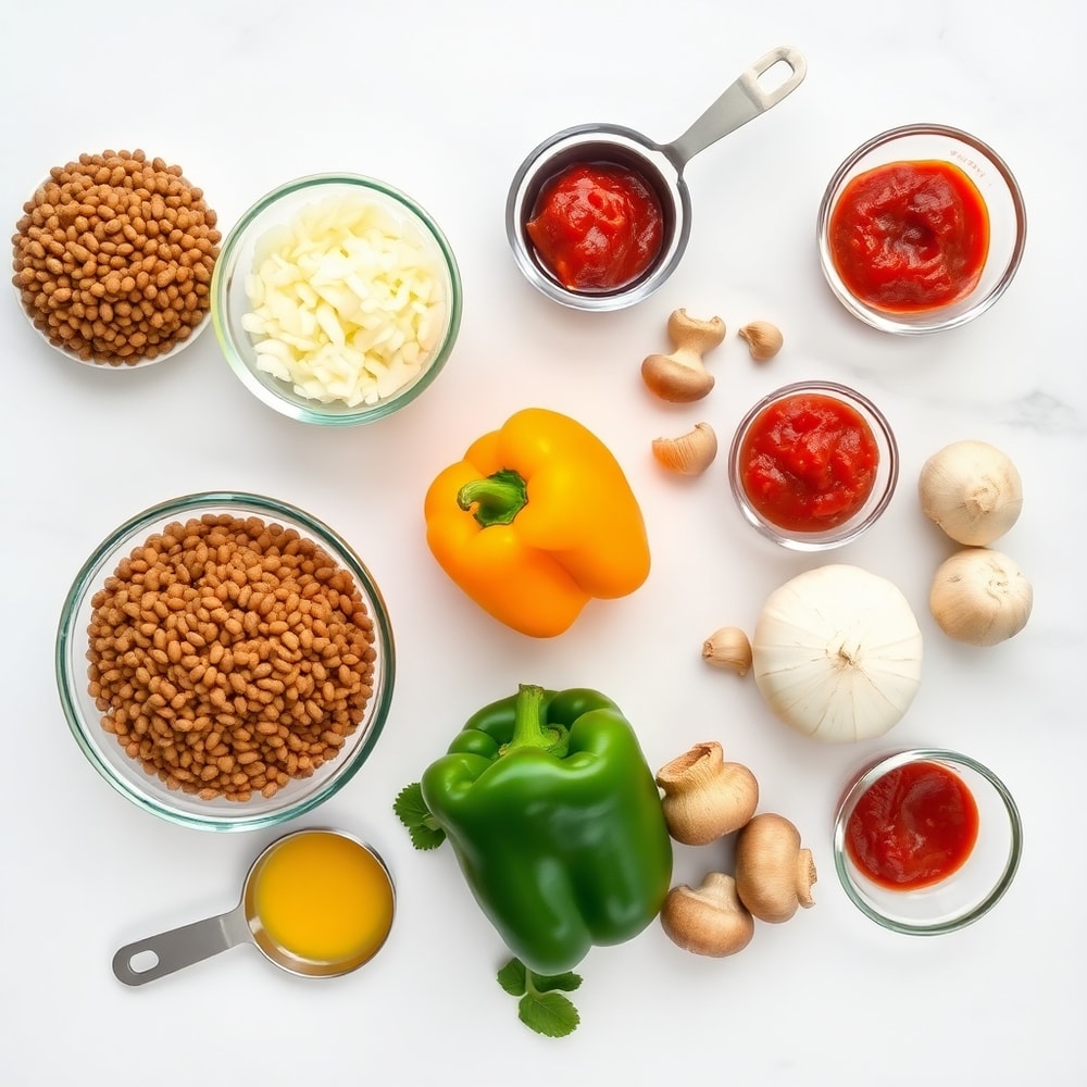 Raw ingredients for vegan lentil empanadas on a marble surface